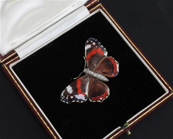 An early 20th century gold, ruby and diamond set enamelled butterfly brooch, modelled as a Red Admiral, 2in.